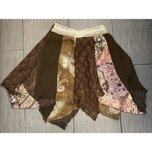 Vintage Rave Patchwork Lace Hanky Hem Skirt Size Large Brown Fairy Y2K Festival